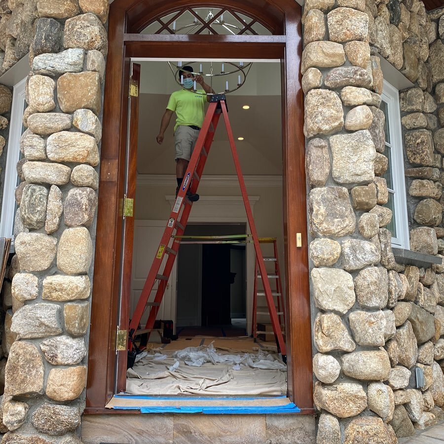 Front foyer chandelier install. 
Call us today! 203-520-7562
💡🔌⚡️#electrician #electricalcontractor #greenwichct #customehomes